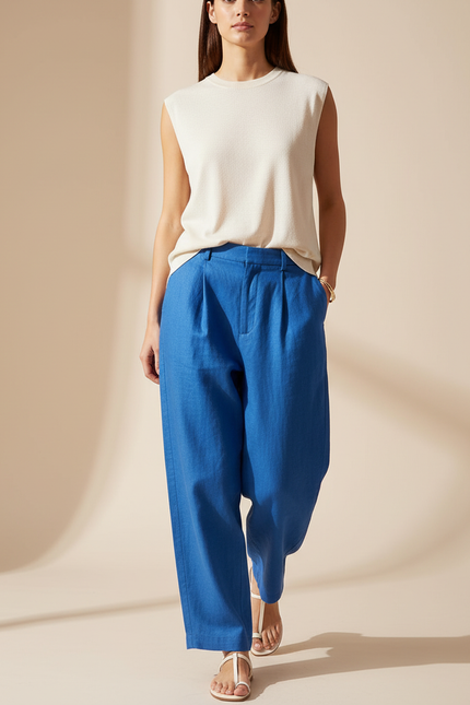 Pantalon Baggy Bleu Lin Ample Plissé Femme Élégant
