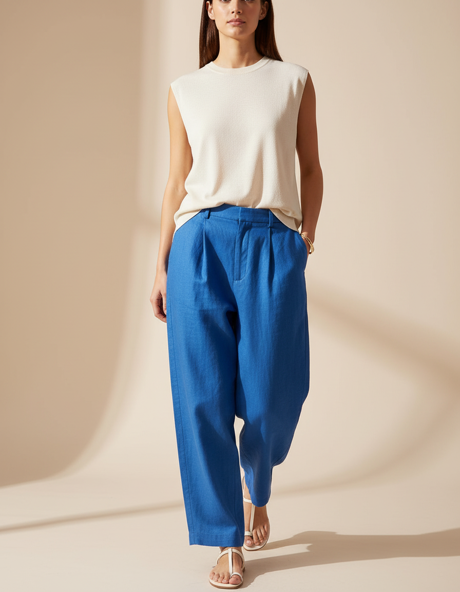 Pantalon Baggy Bleu Lin Ample Plissé Femme Élégant