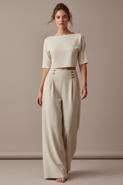 Pantalon Baggy Beige Lin Plissé Ample Boutons