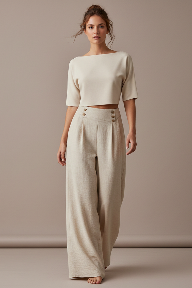 Pantalon Baggy Beige Lin Plissé Ample Boutons