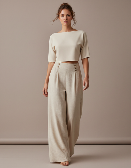 Pantalon Baggy Beige Lin Plissé Ample Boutons