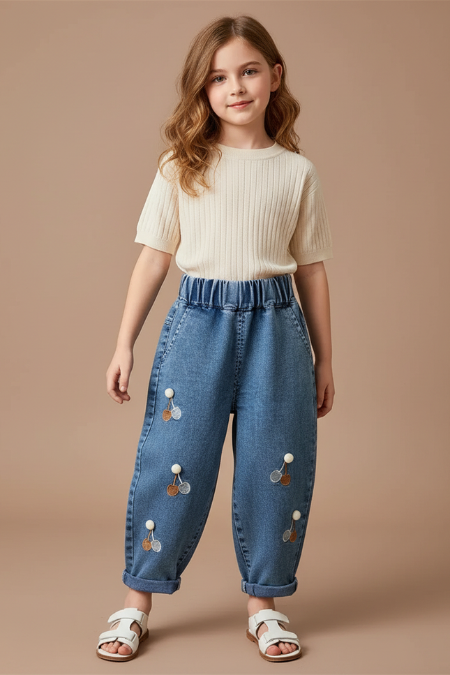 Pantalon Baggy Jean Denim Ample Brodé Cerises Fille - Bleu