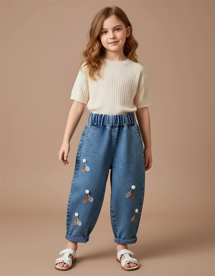 Pantalon Baggy Jean Denim Ample Brodé Cerises Fille - Bleu