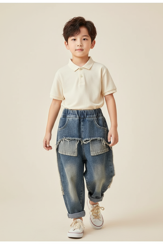 Pantalon Baggy Jean Ample Déchiré Enfant Décontracté - Bleu