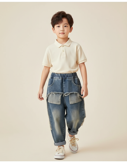 Pantalon Baggy Jean Ample Déchiré Enfant Décontracté - Bleu