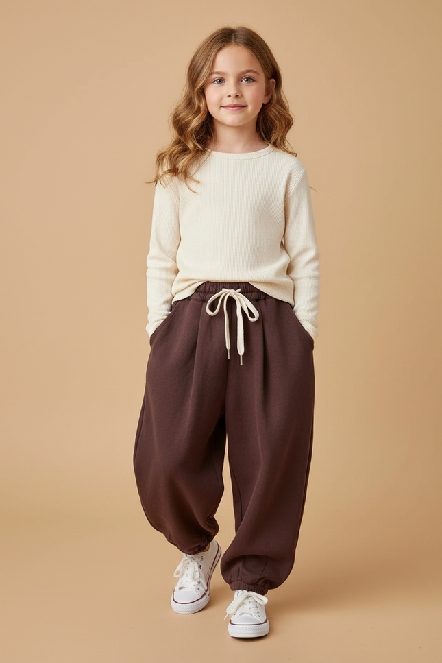 Pantalon Baggy Marron Molletonné Chaud Ample Enfant