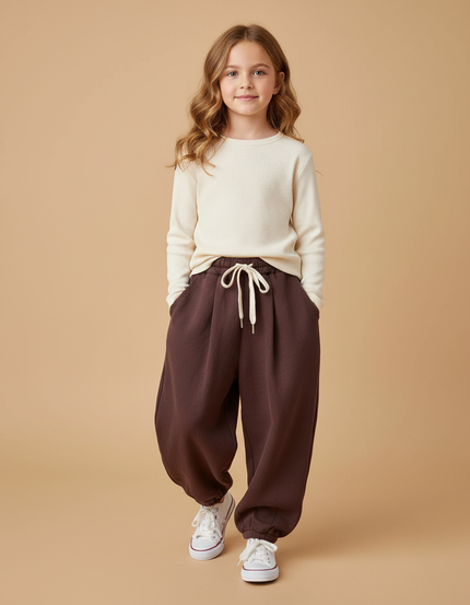 Pantalon Baggy Marron Molletonné Chaud Ample Enfant