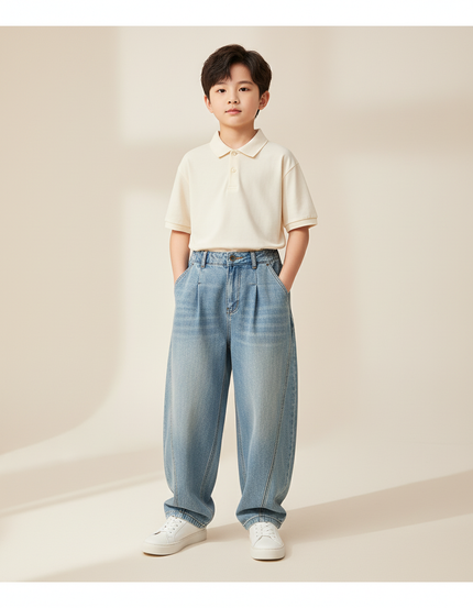 Pantalon Baggy Denim Bleu Ample Plissé Garçon - Jean