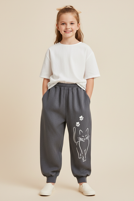 Pantalon Baggy Gris Ample Coton Chat Mignon Enfant - Molleton