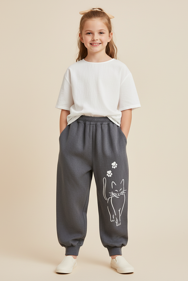 Pantalon Baggy Gris Ample Coton Chat Mignon Enfant - Molleton