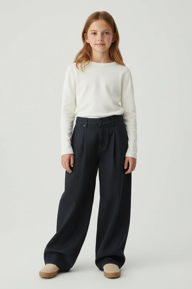 Pantalon Baggy Jean Denim Ample Plissé Fille - Marine