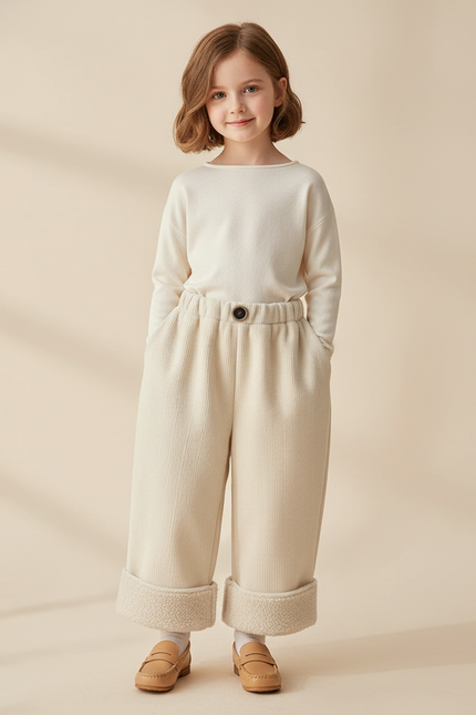 Pantalon Baggy Crème Côtelé Doublé Polaire Enfant - Beige Cordé