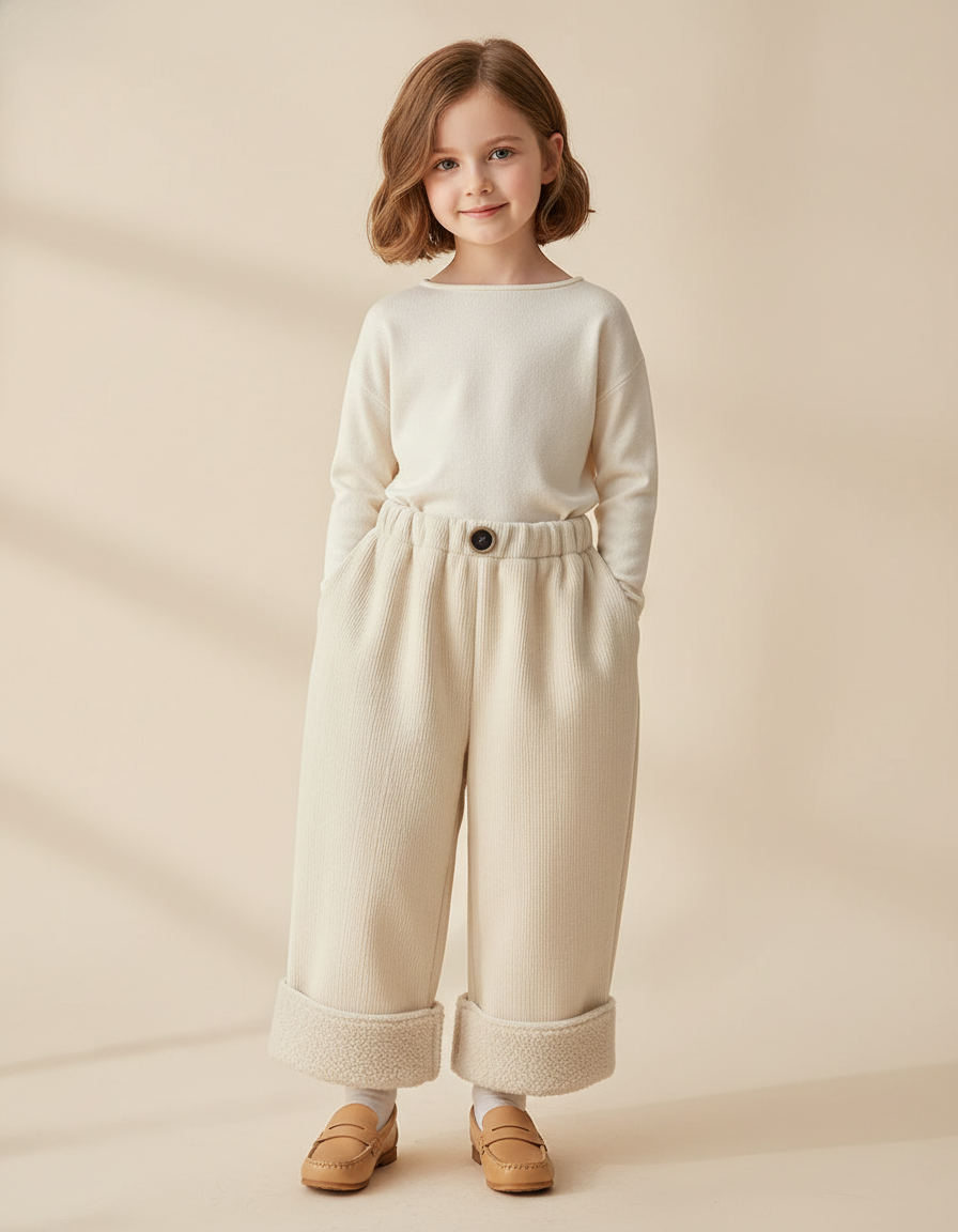 Pantalon Baggy Crème Côtelé Doublé Polaire Enfant - Beige Cordé