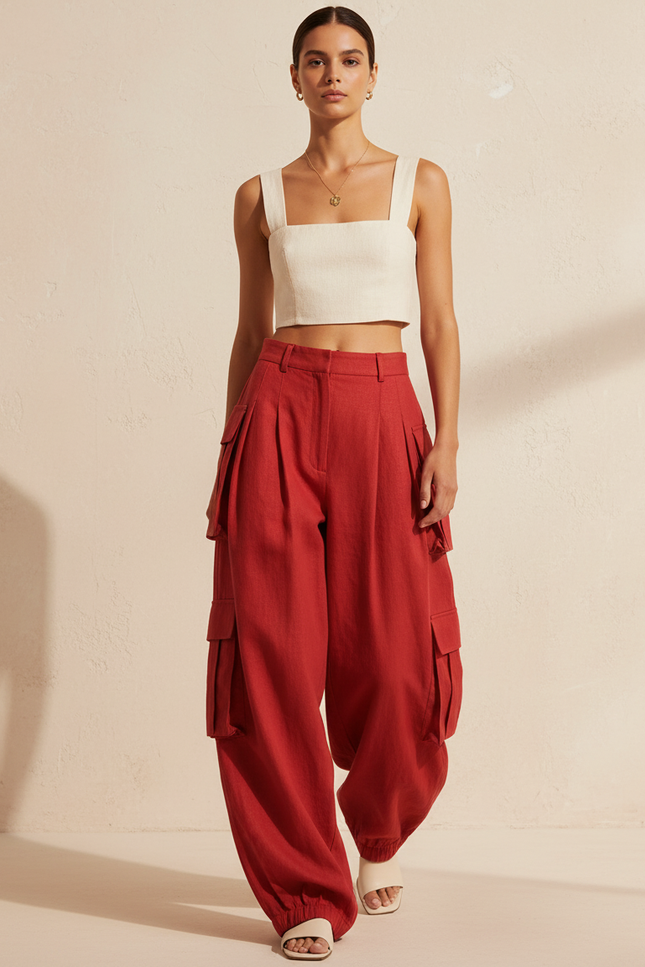 Pantalon Baggy Rouge Cargo Ample Lin Décontracté