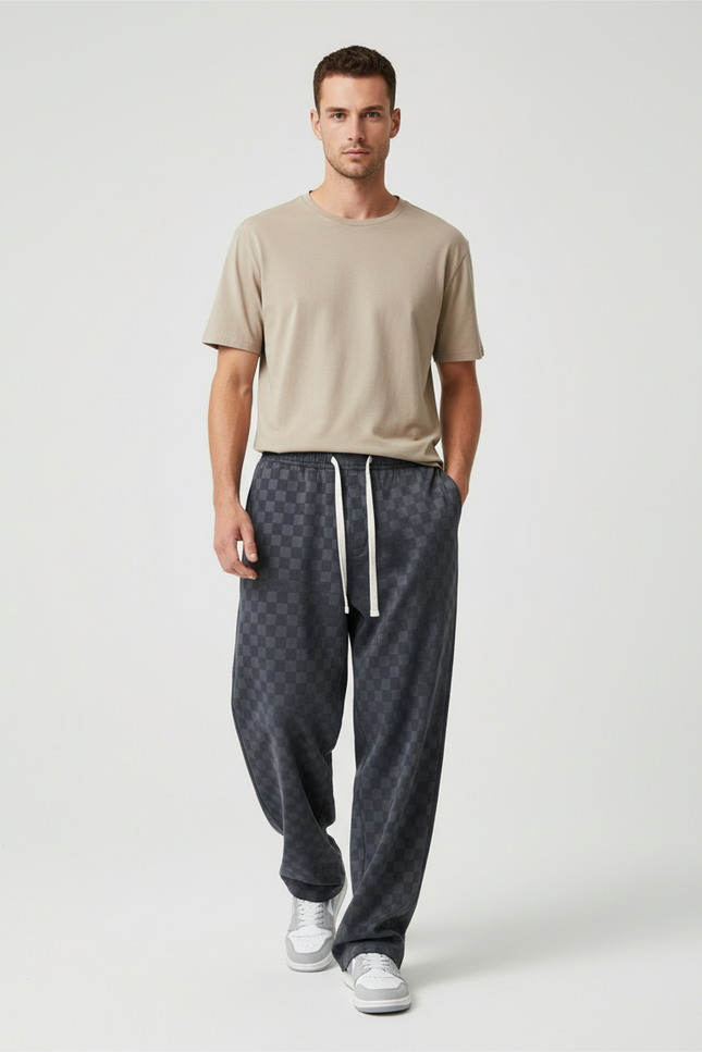 Pantalon Baggy Carreaux Velours Gris Ample Décontracté