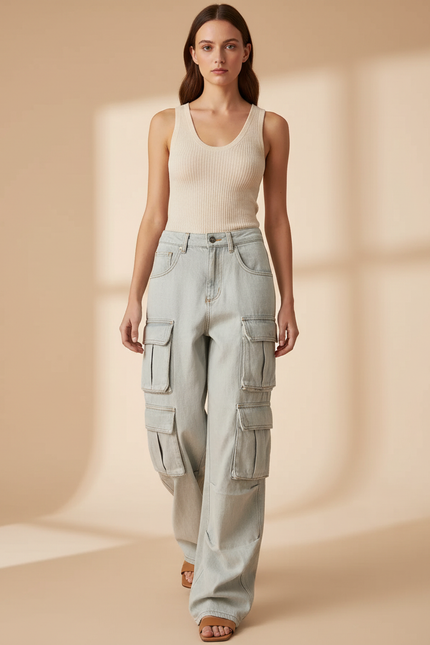 Pantalon Baggy Bleu Clair Cargo Ample Femme - Jean