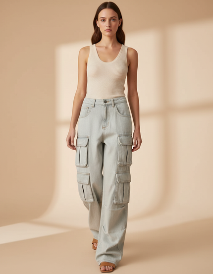 Pantalon Baggy Bleu Clair Cargo Ample Femme - Jean