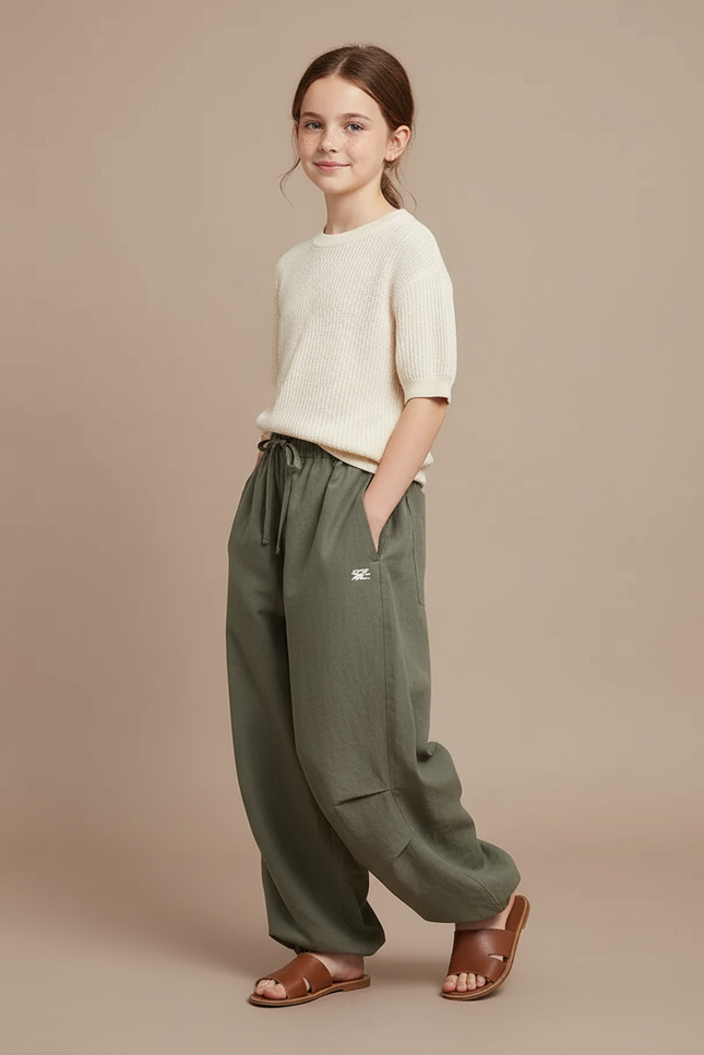 Pantalon Baggy Vert Olive Ample Cordon Lin - Kaki