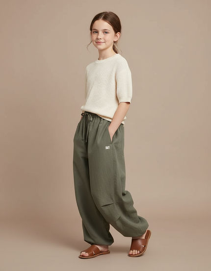 Pantalon Baggy Vert Olive Ample Cordon Lin - Kaki