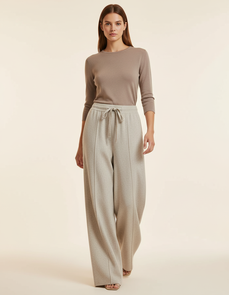 Pantalon Baggy Beige Laine Ample Tricoté Décontracté