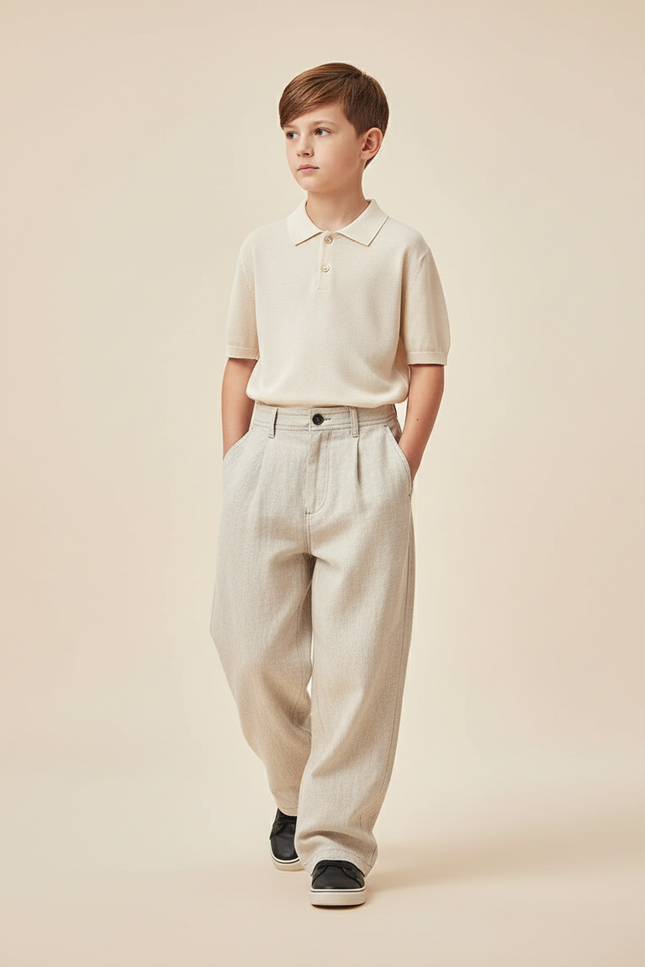Pantalon Baggy Beige Lin Plissé Décontracté Garçon