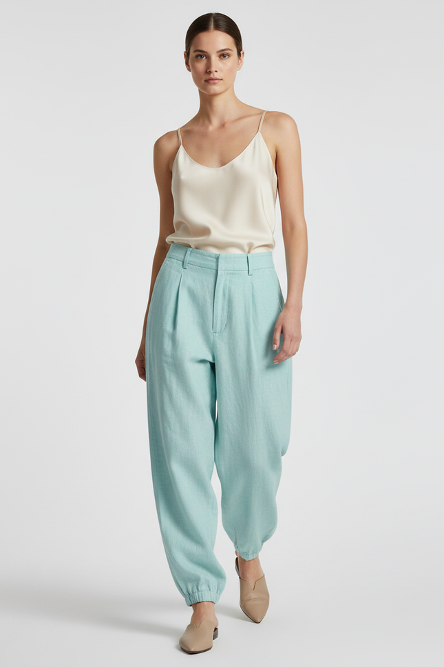 Pantalon Baggy Lin Plissé Ample Cheville Femme - Vert