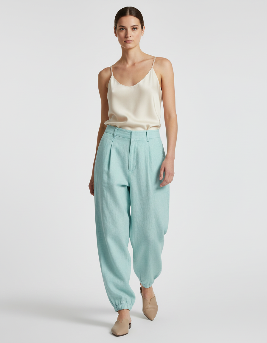 Pantalon Baggy Lin Plissé Ample Cheville Femme - Vert