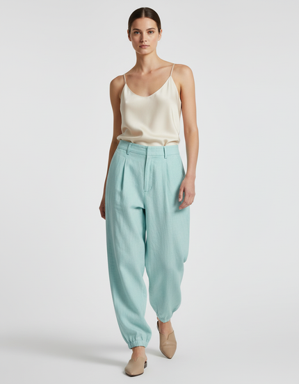 Pantalon Baggy Lin Plissé Ample Cheville Femme - Vert