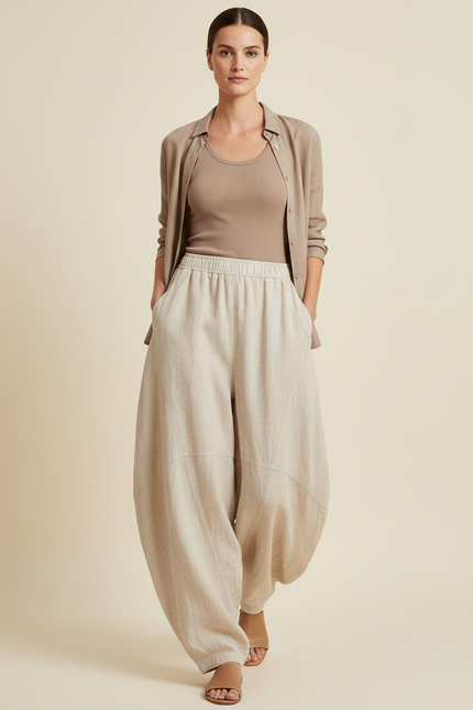 Pantalon Baggy Lin Ample Beige Femme Décontracté