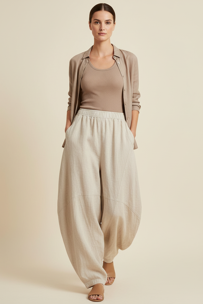 Pantalon Baggy Lin Ample Beige Femme Décontracté