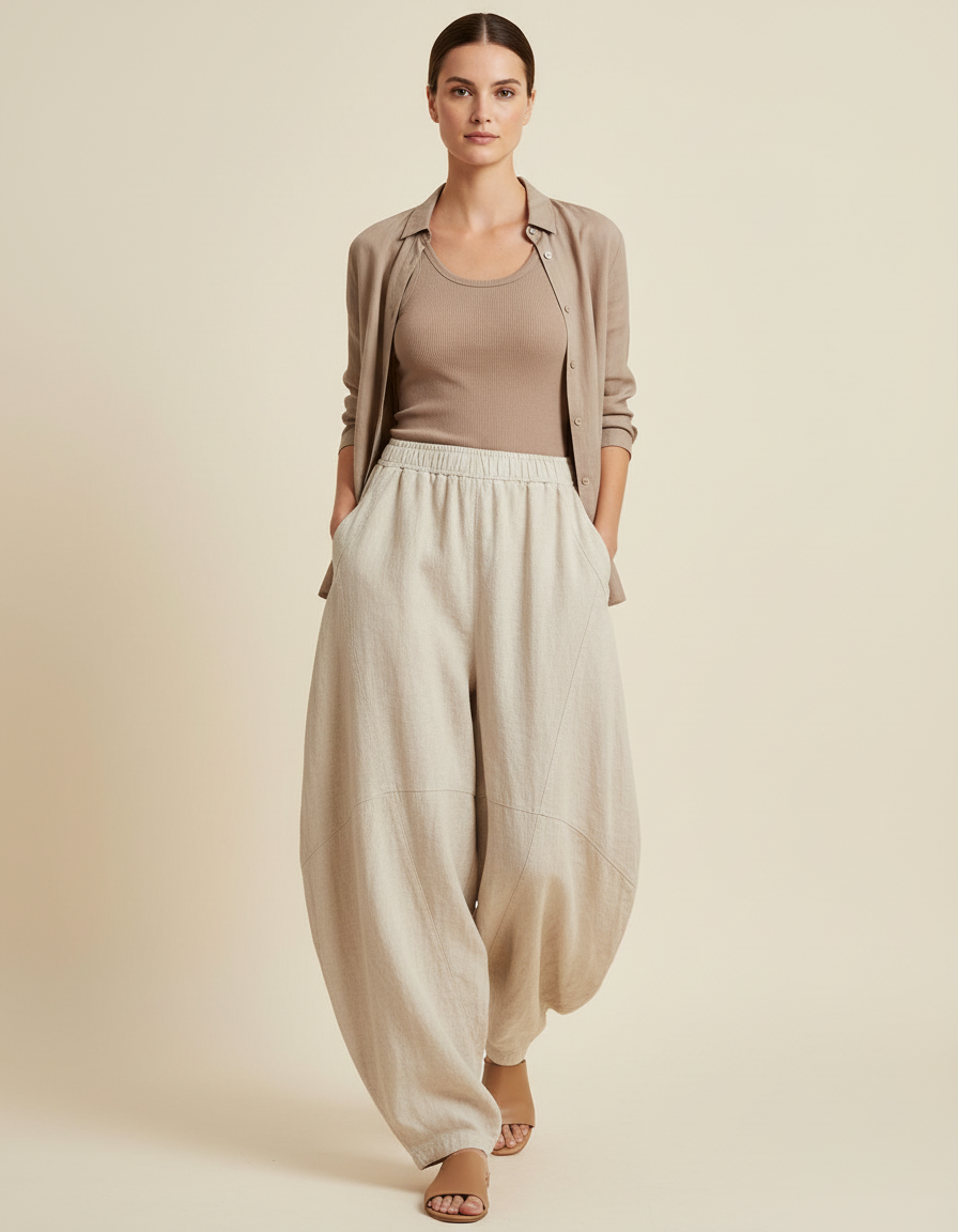 Pantalon Baggy Lin Ample Beige Femme Décontracté