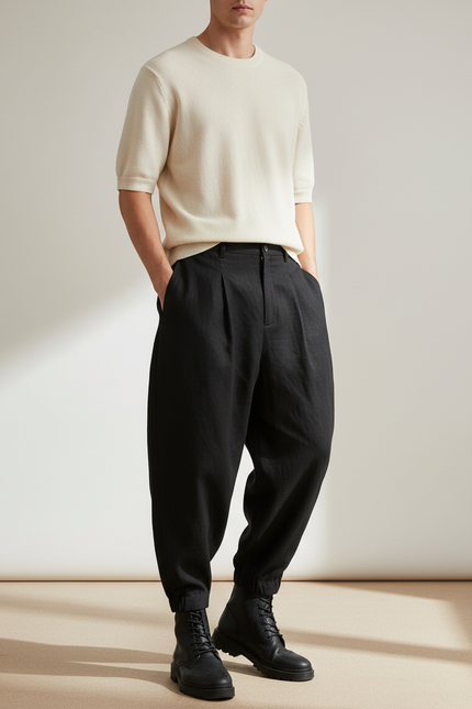 Pantalon Baggy Noir Lin Ample Plissé Homme Décontracté