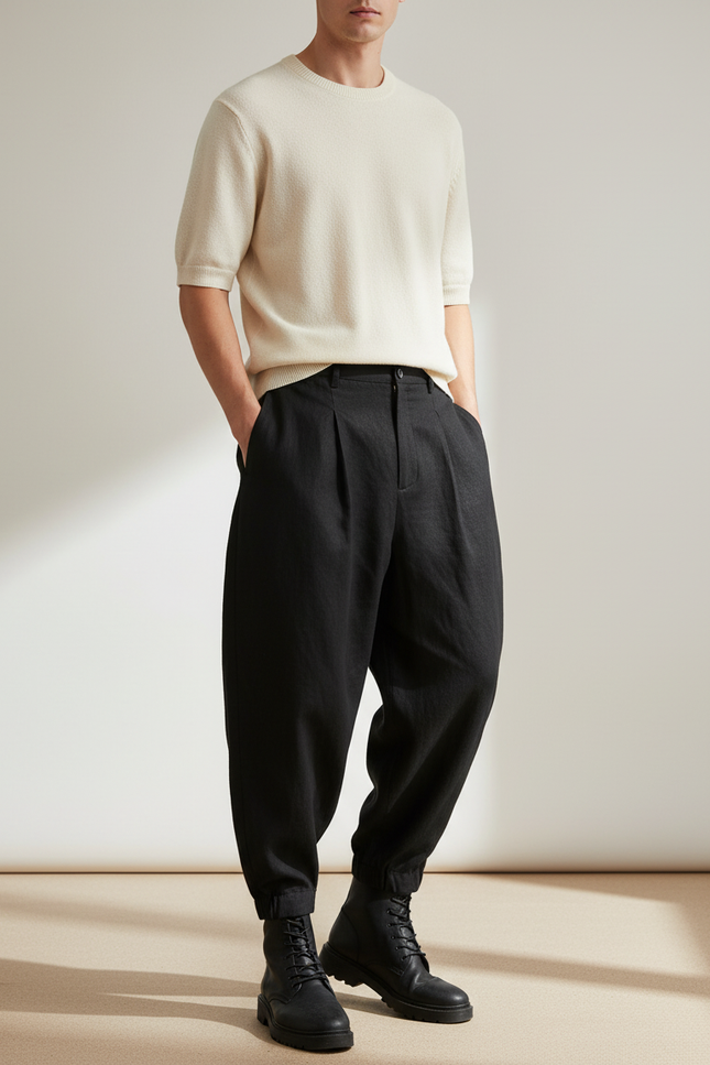 Pantalon Baggy Noir Lin Ample Plissé Homme Décontracté