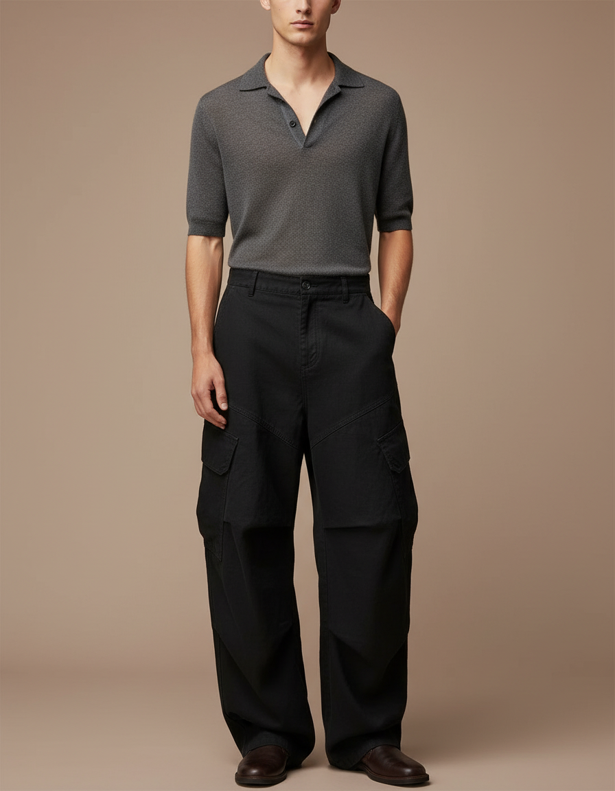 Pantalon Baggy Noir Ample Cargo Coton Décontracté Homme