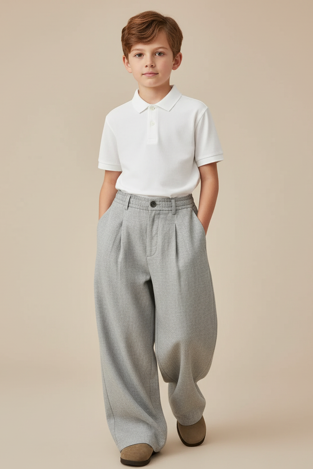 Pantalon Baggy Gris Clair Ample Plissé Décontracté Enfant - Tweed