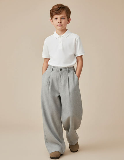 Pantalon Baggy Gris Clair Ample Plissé Décontracté Enfant - Tweed