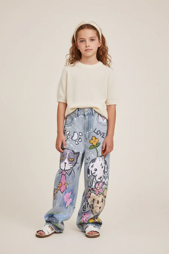 Pantalon Baggy Jean Imprimé Animaux Ample Décontracté Enfant