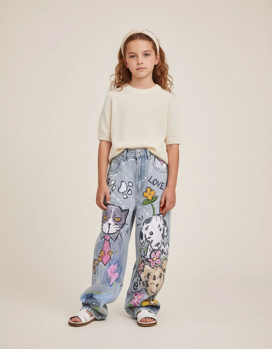 Pantalon Baggy Jean Imprimé Animaux Ample Décontracté Enfant