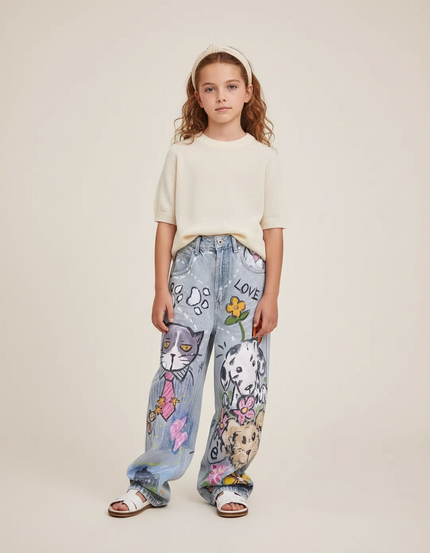 Pantalon Baggy Jean Imprimé Animaux Ample Décontracté Enfant