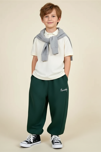 Pantalon Baggy Vert Ample Brodé Décontracté Garçon - Molleton