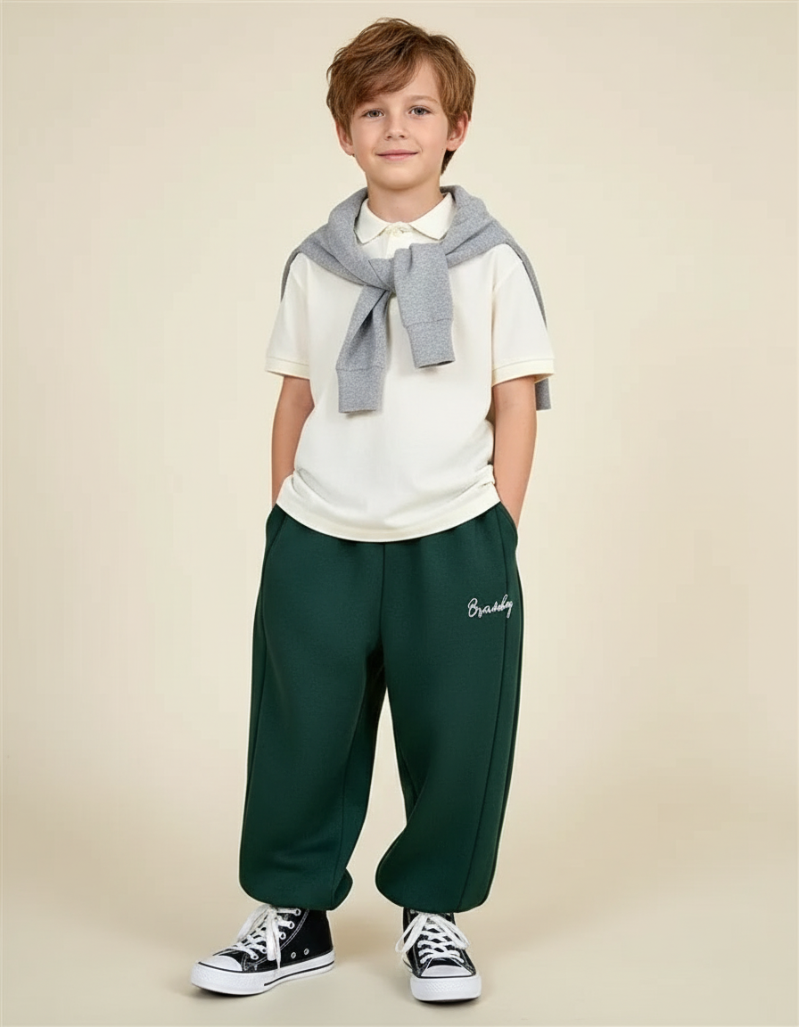 Pantalon Baggy Vert Ample Brodé Décontracté Garçon - Molleton