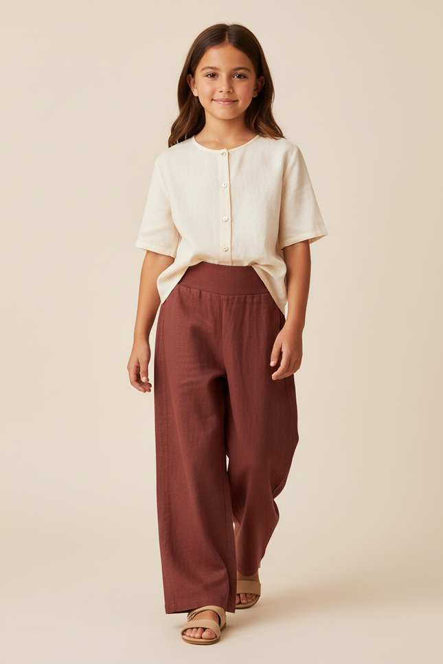 Pantalon Baggy Marron Ample Lin Fille Décontracté