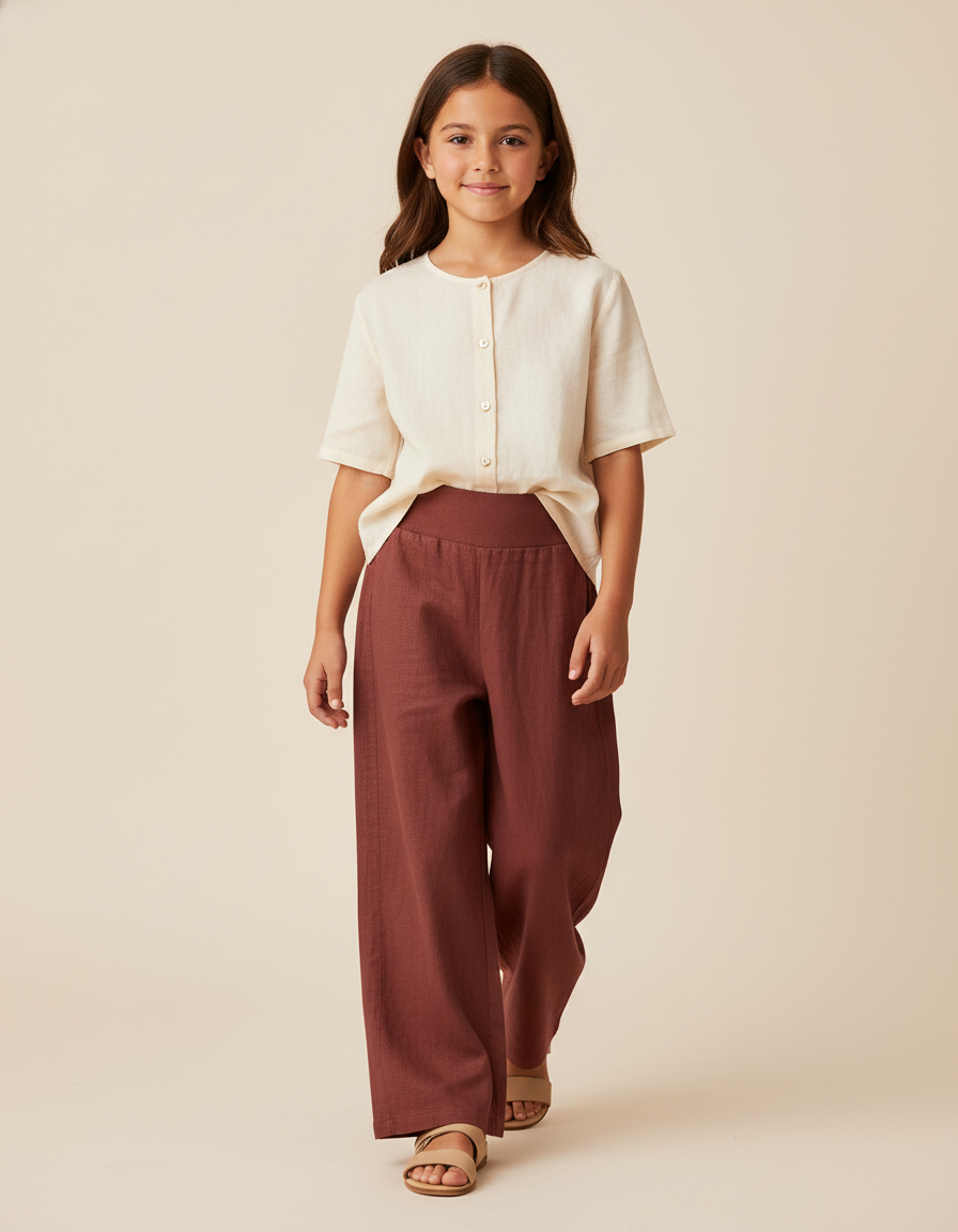 Pantalon Baggy Marron Ample Lin Fille Décontracté