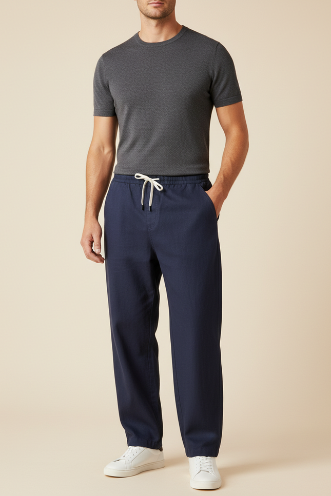 Pantalon Baggy Marine Ample Lin Cordon Homme