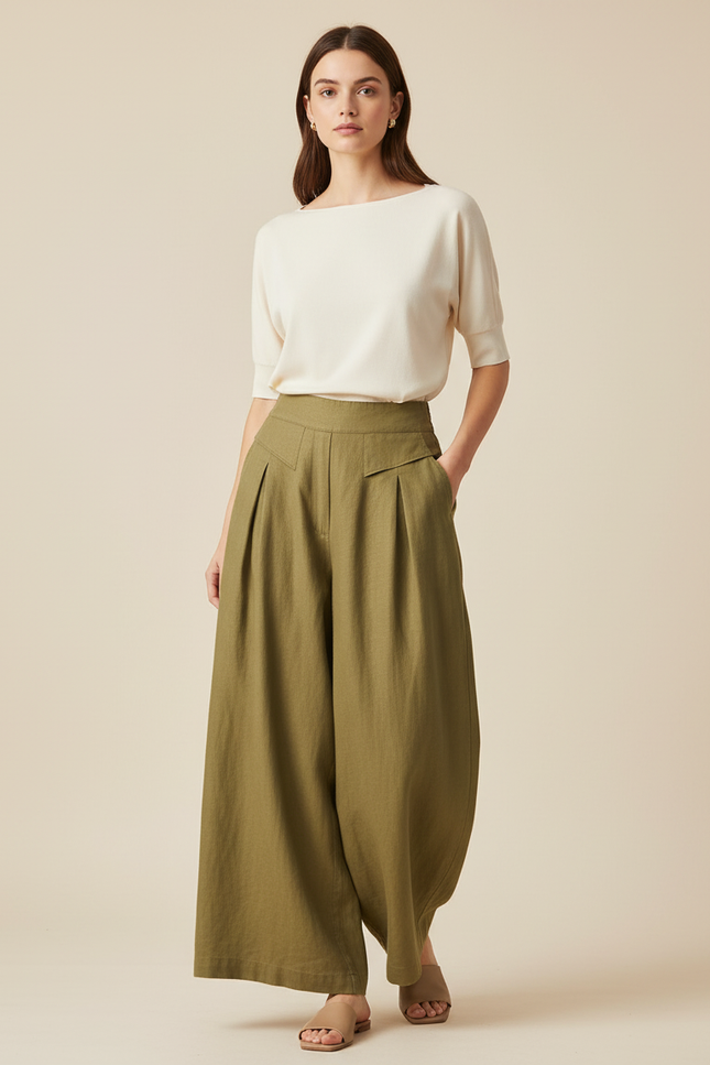 Pantalon Baggy Kaki Lin Plissé Ample Femme