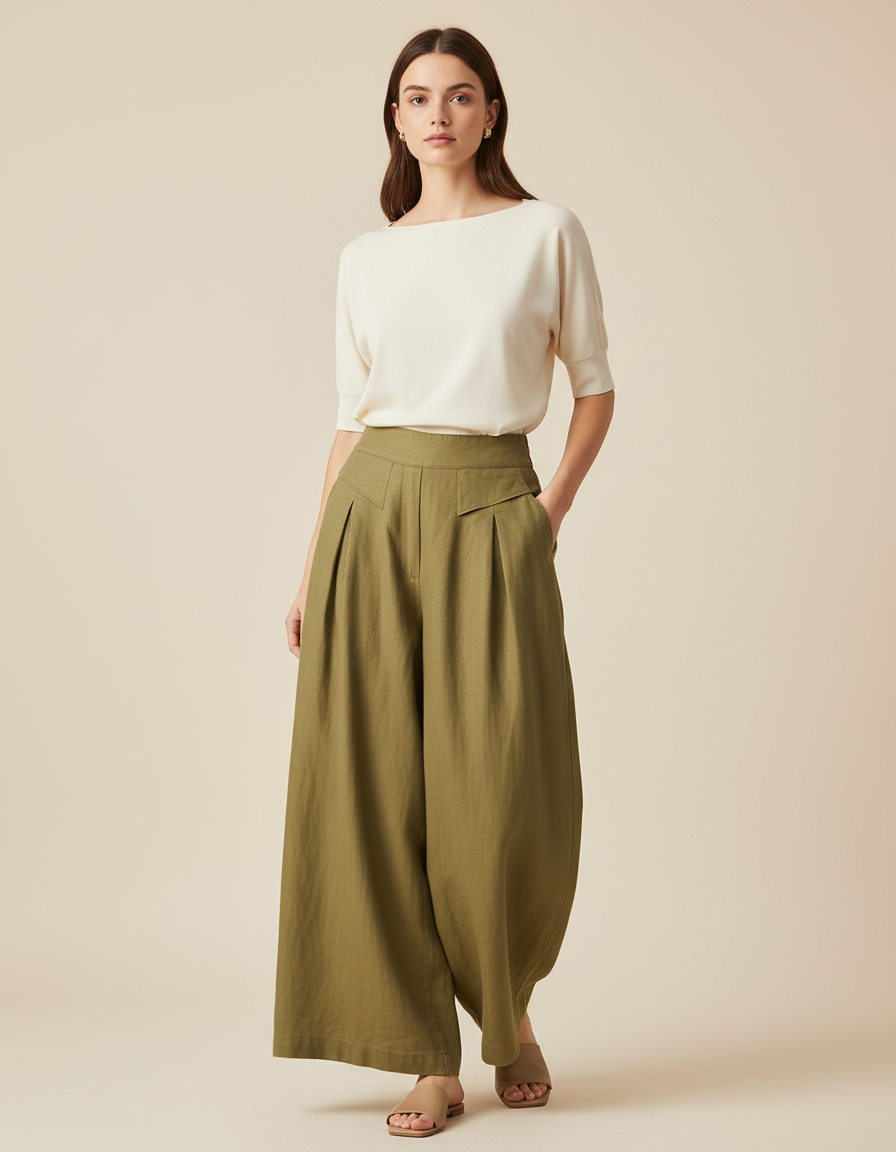 Pantalon Baggy Kaki Lin Plissé Ample Femme