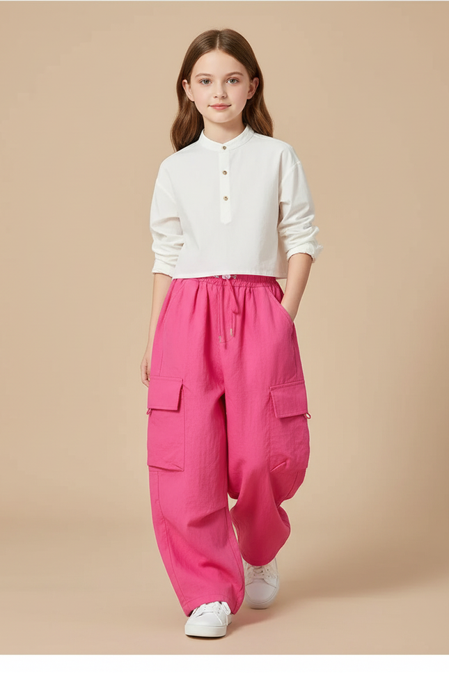Pantalon Baggy Rose Cargo Ample Décontracté Enfant - Lin