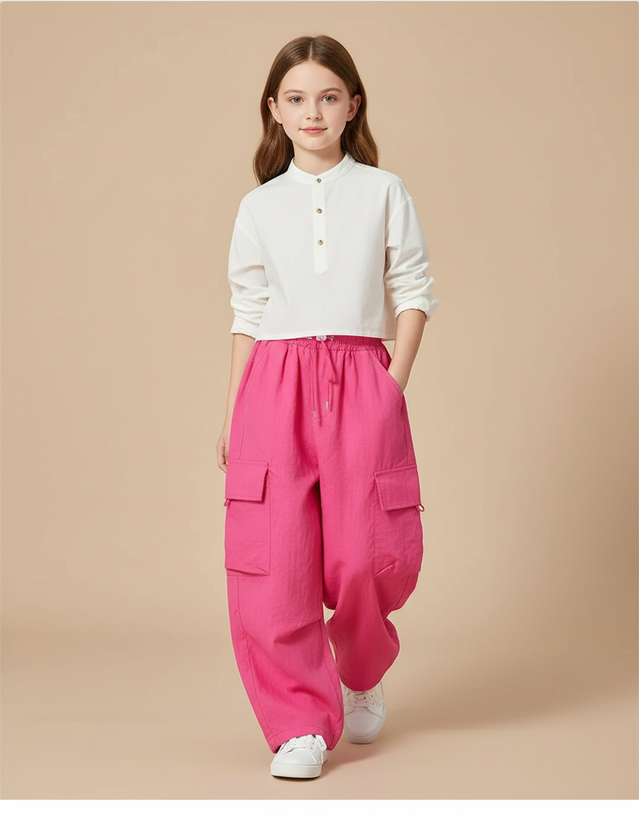 Pantalon Baggy Rose Cargo Ample Décontracté Enfant - Lin