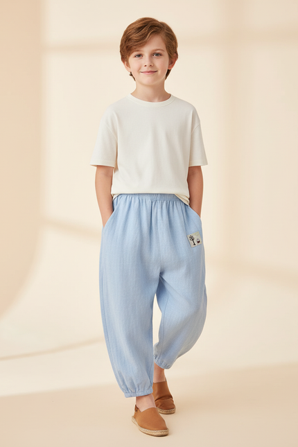 Pantalon Baggy Bleu Ciel Lin Ample Décontracté Enfant