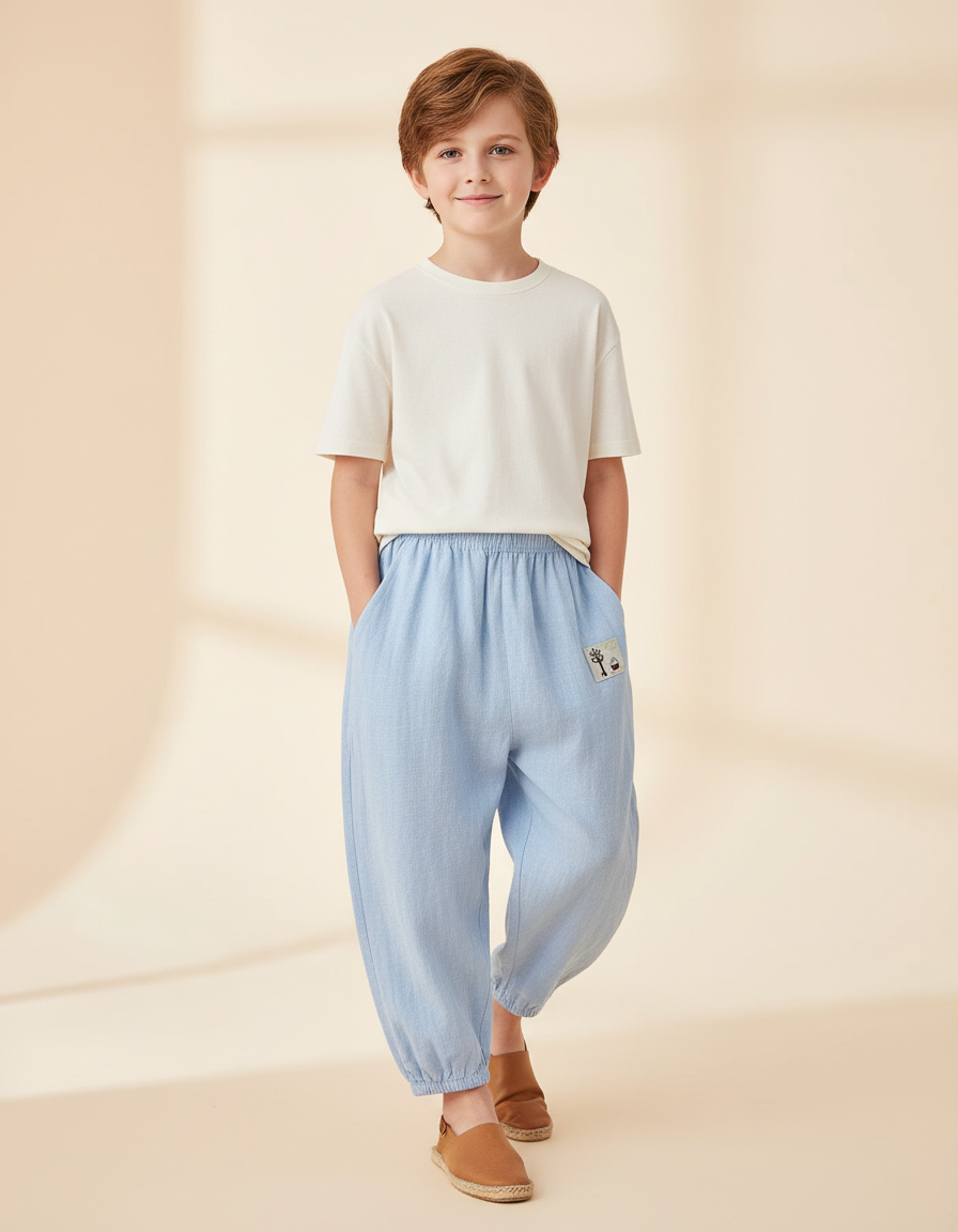 Pantalon Baggy Bleu Ciel Lin Ample Décontracté Enfant